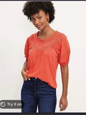 Loft orange red lace trim blouse size small petite